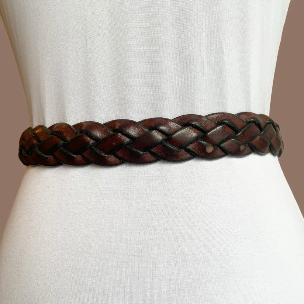 Brown Braided Leather Belt Square Buckle Chunky 90s Size L